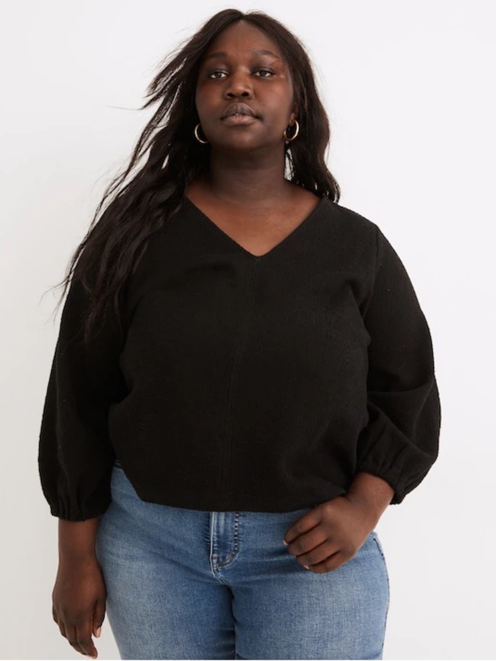 Madewell Plus Full-Sleeve Top True Black Textured V Neck Minimal